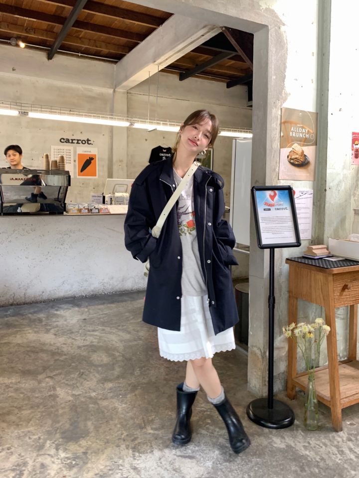 HER東大門實拍女裝新款時尚熱賣休閑職業25春夏長款風衣口袋HER長款風衣
