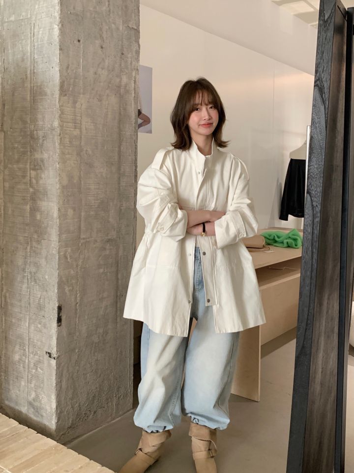 HER東大門實拍女裝新款時尚熱賣休閑職業25春夏長款風衣口袋HER長款風衣