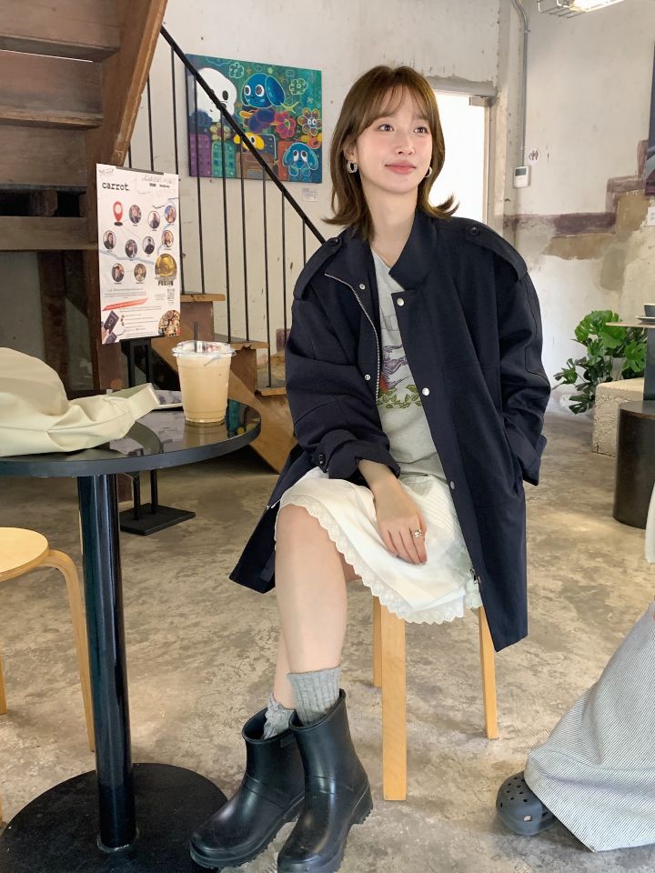 HER東大門實拍女裝新款時尚熱賣休閑職業25春夏長款風衣口袋HER長款風衣