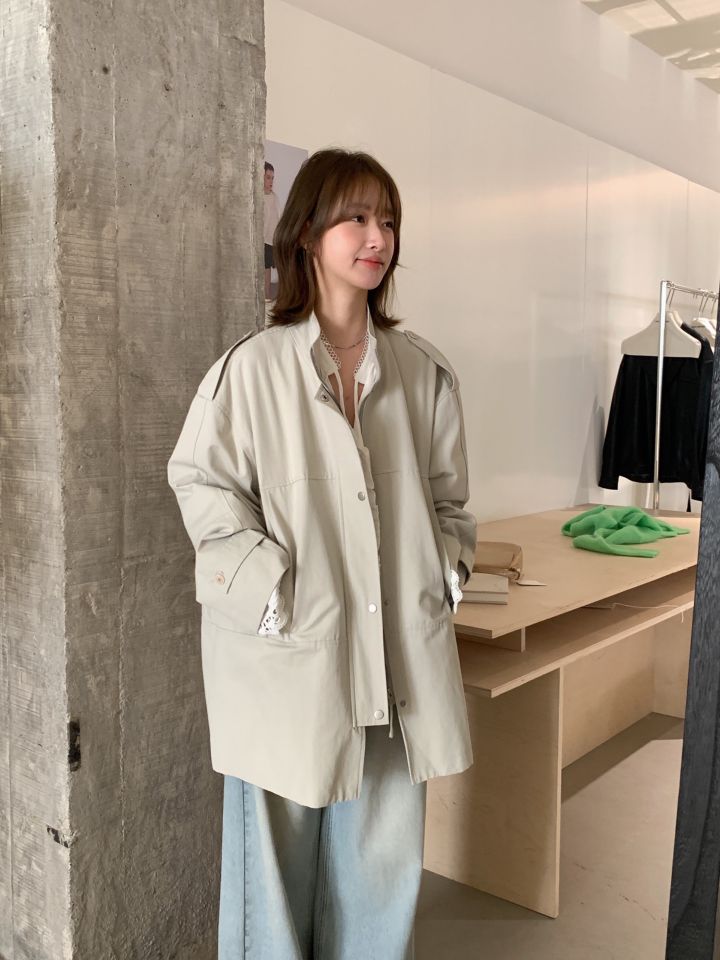 HER東大門實拍女裝新款時尚熱賣休閑職業25春夏長款風衣口袋HER長款風衣