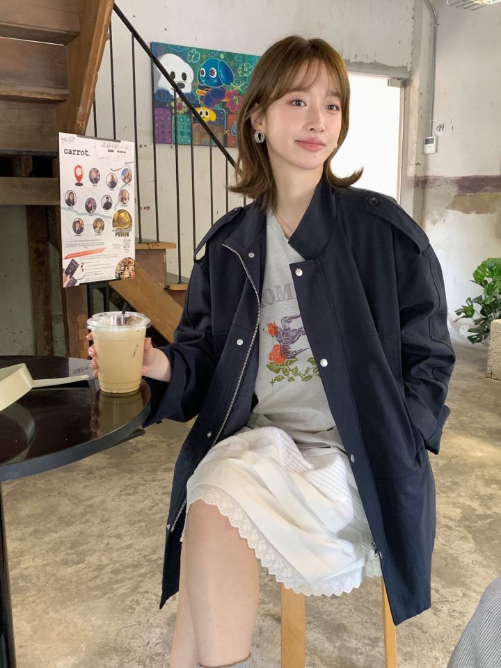HER東大門實拍女裝新款時尚熱賣休閑職業25春夏長款風衣口袋HER長款風衣圖色2