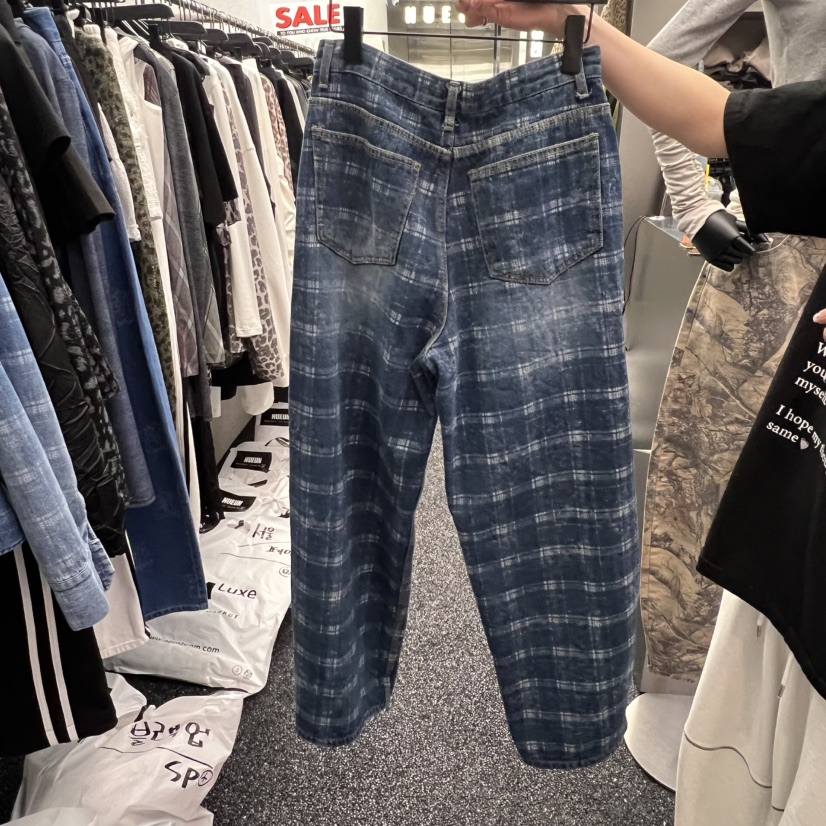 NUEUN韓國代購女裝新品人氣真品休閑熱賣時尚職業牛仔褲格紋NUEUN/SEEOT牛仔褲
