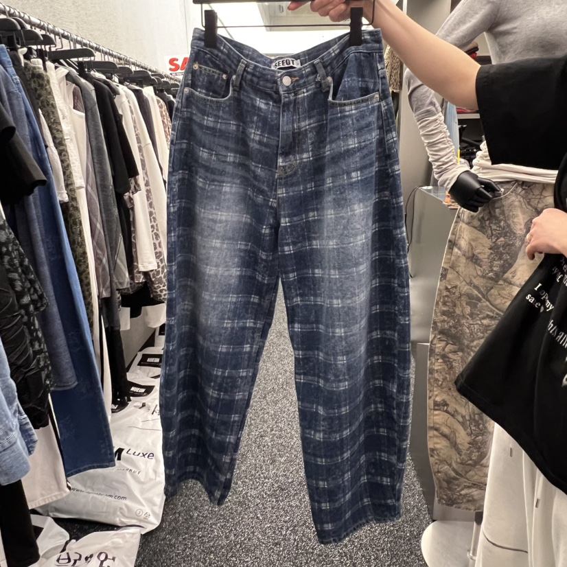 NUEUN韓國代購女裝新品人氣真品休閑熱賣時尚職業牛仔褲格紋NUEUN/SEEOT牛仔褲