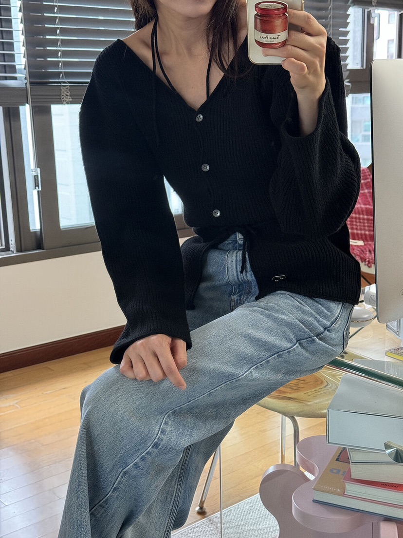 FOUNDATION韓國㊣直郵東大門代購女裝新品推薦針織衫兩面可穿含腰繩開襟衫FOUNDATION針織衫