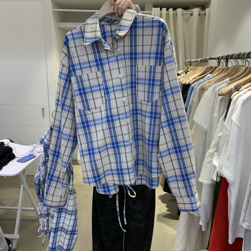 IR BIEN韓國直郵女裝新品休閑25春夏襯衫蕾絲衫含腰繩格紋ir bien-A襯衫/蕾絲衫