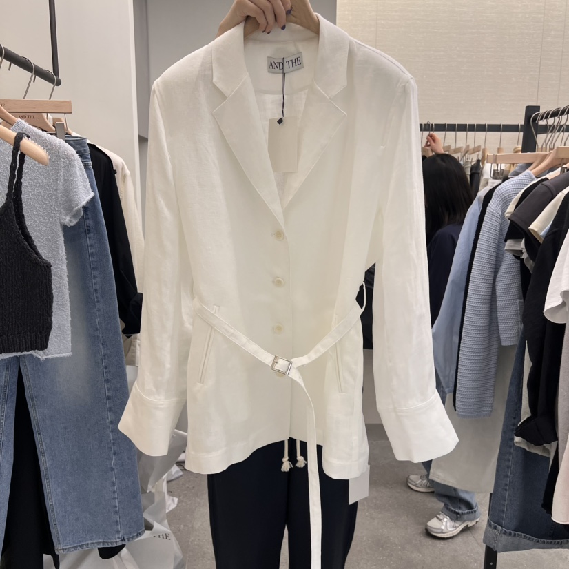 AND THE直郵韓國代購㊣女裝新品人氣推薦熱賣夾克含腰帶亞麻AND THE夾克