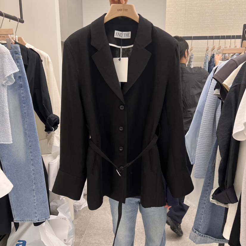 AND THE直郵韓國代購㊣女裝新品人氣推薦熱賣夾克含腰帶亞麻AND THE夾克圖色2