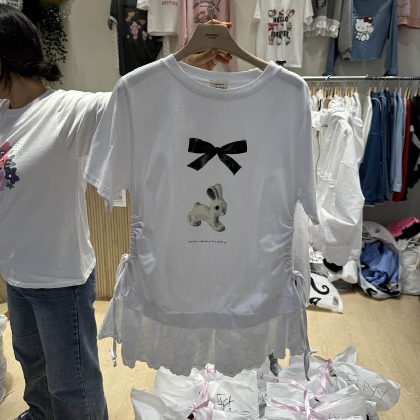 UNDERSTAR_VINTAGE韓國直郵㊣女裝新款熱賣推薦T恤蝴蝶結蕾絲UNDERSTAR_VINTAGET恤