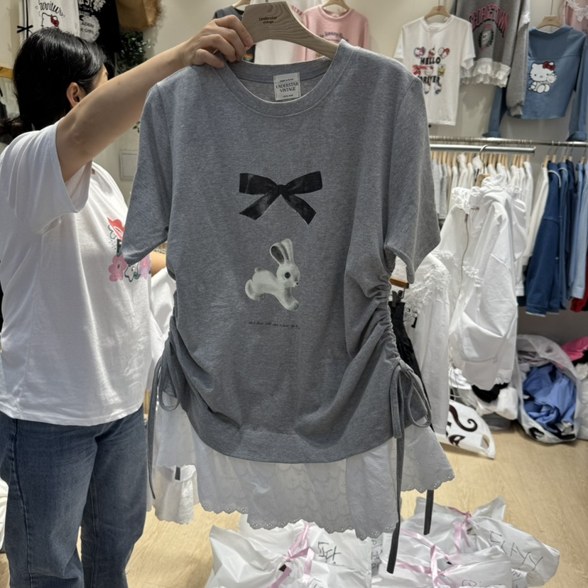 UNDERSTAR_VINTAGE韓國直郵㊣女裝新款熱賣推薦T恤蝴蝶結蕾絲UNDERSTAR_VINTAGET恤圖色2
