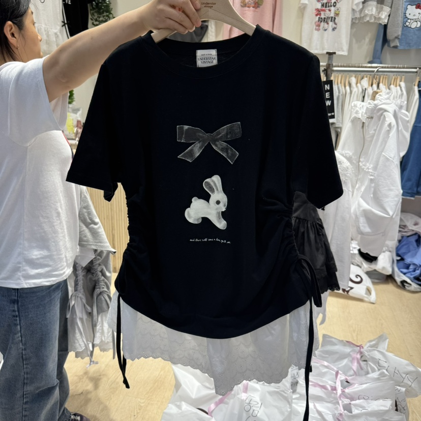 UNDERSTAR_VINTAGE韓國直郵㊣女裝新款熱賣推薦T恤蝴蝶結蕾絲UNDERSTAR_VINTAGET恤圖色3
