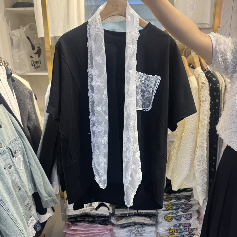 COCO HOLIC韓國直郵女裝新款熱賣休閑25春夏T恤含脖帶蕾絲COCO HOLICT恤圖色3