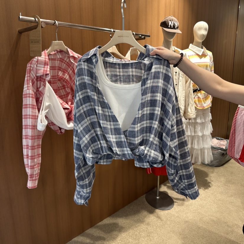 REPERTORY直郵韓國代購㊣女裝新品推薦襯衫蕾絲衫假兩件格紋REPERTORY襯衫/蕾絲衫圖色2