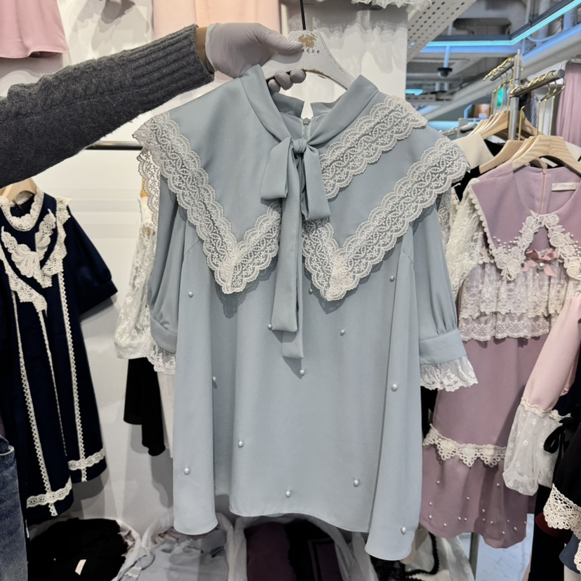 PAPA直郵韓國代購㊣女裝新品25春夏推薦休閑人氣襯衫蕾絲衫PAPA襯衫/蕾絲衫圖色2