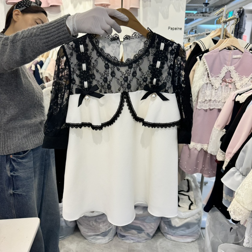 PAPA韓國㊣直郵東大門代購女裝新款人氣休閑25春夏襯衫蕾絲衫PAPA襯衫/蕾絲衫圖色1
