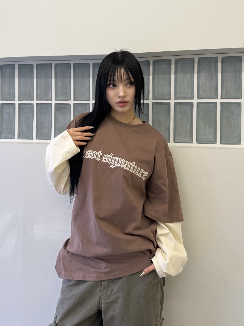 SEEOT韓國㊣直郵東大門代購女裝新品人氣長袖T恤假兩件刺繡GGD長袖T恤圖色3