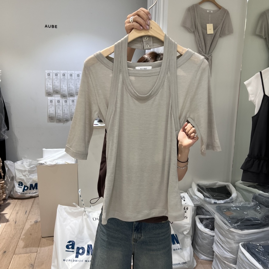AUBE韓國直郵㊣女裝新品推薦人氣25春夏休閑時尚熱賣T恤假兩件AUBET恤圖色2