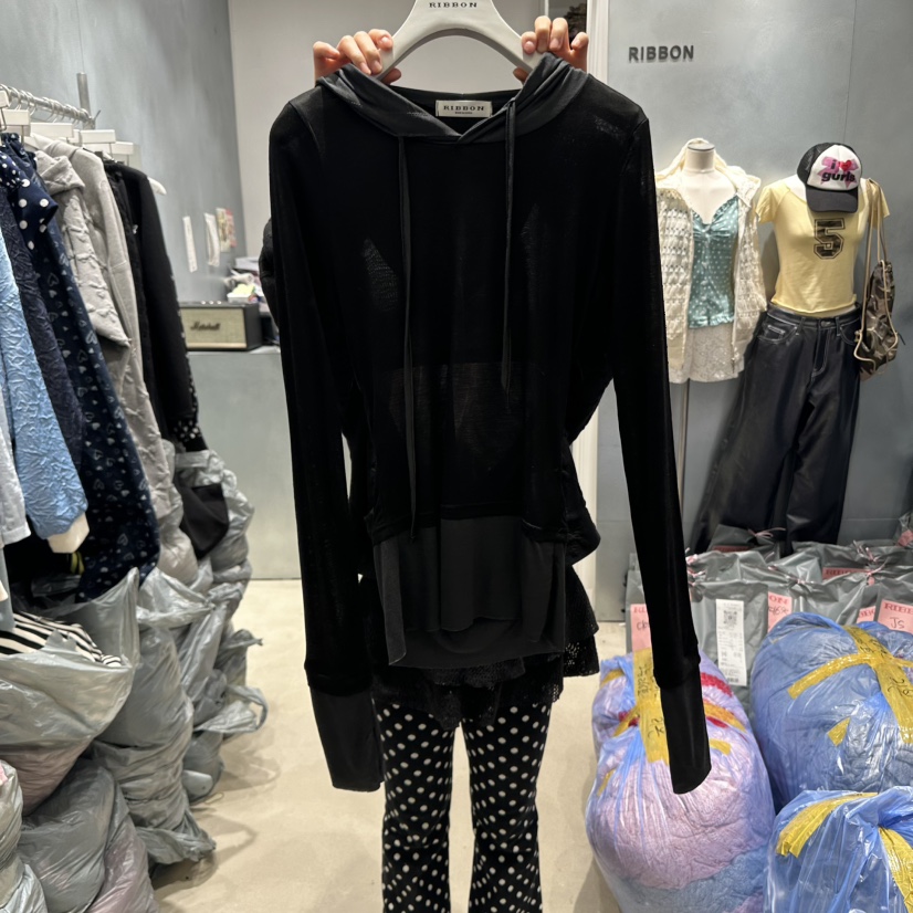 RIBBON韓國㊣直郵東大門代購女裝新品推薦時尚長袖T恤連帽衫RIBBON長袖T恤