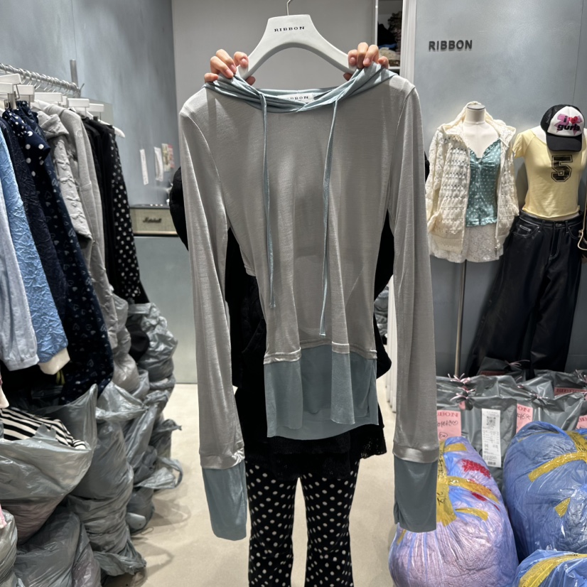 RIBBON韓國㊣直郵東大門代購女裝新品推薦時尚長袖T恤連帽衫RIBBON長袖T恤圖色2