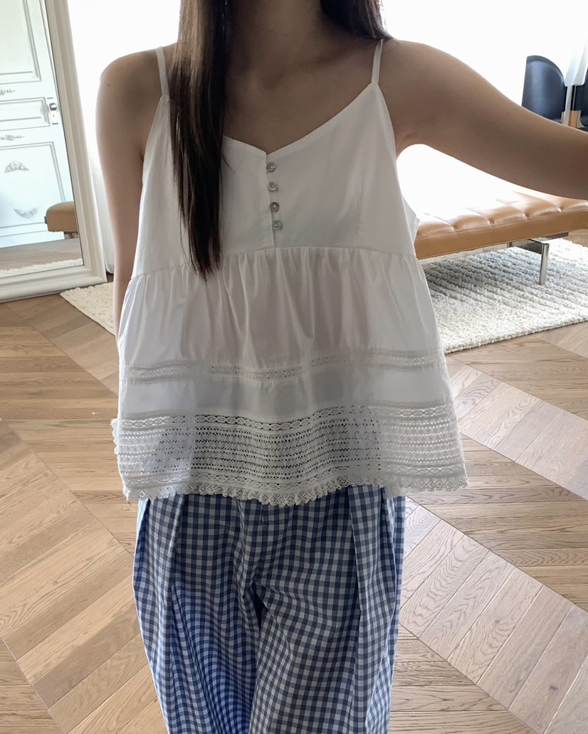 PEBBLE韓國㊣直郵東大門代購女裝新款推薦吊帶背心蕾絲紐扣PEBBLE/LAYER吊帶/背心
