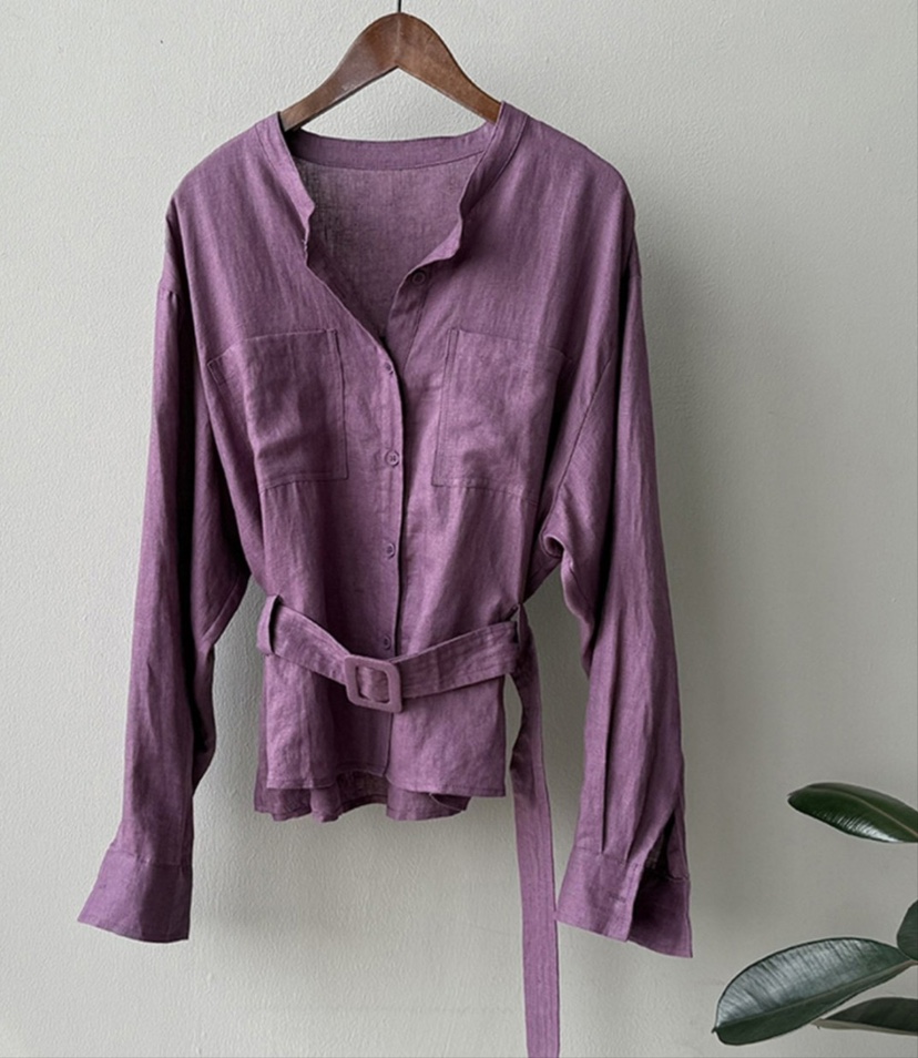 COMME TU VEUX-Q韓國㊣直郵東大門代購女裝新品25春夏襯衫蕾絲衫含腰帶亞麻COMME TU VEUX-Q襯衫/蕾絲衫圖色2