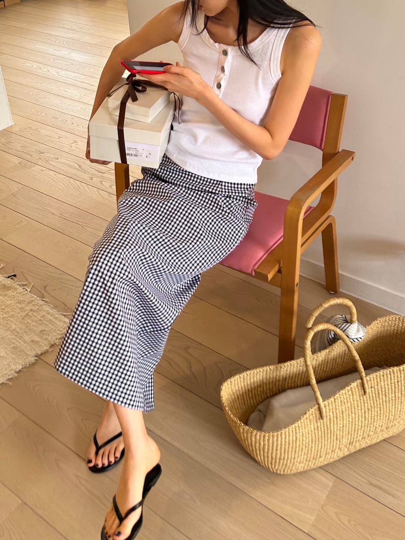 ME MO韓國直郵㊣東大門實拍女裝新品時尚熱賣休閑長裙格子ME MO長裙圖色3
