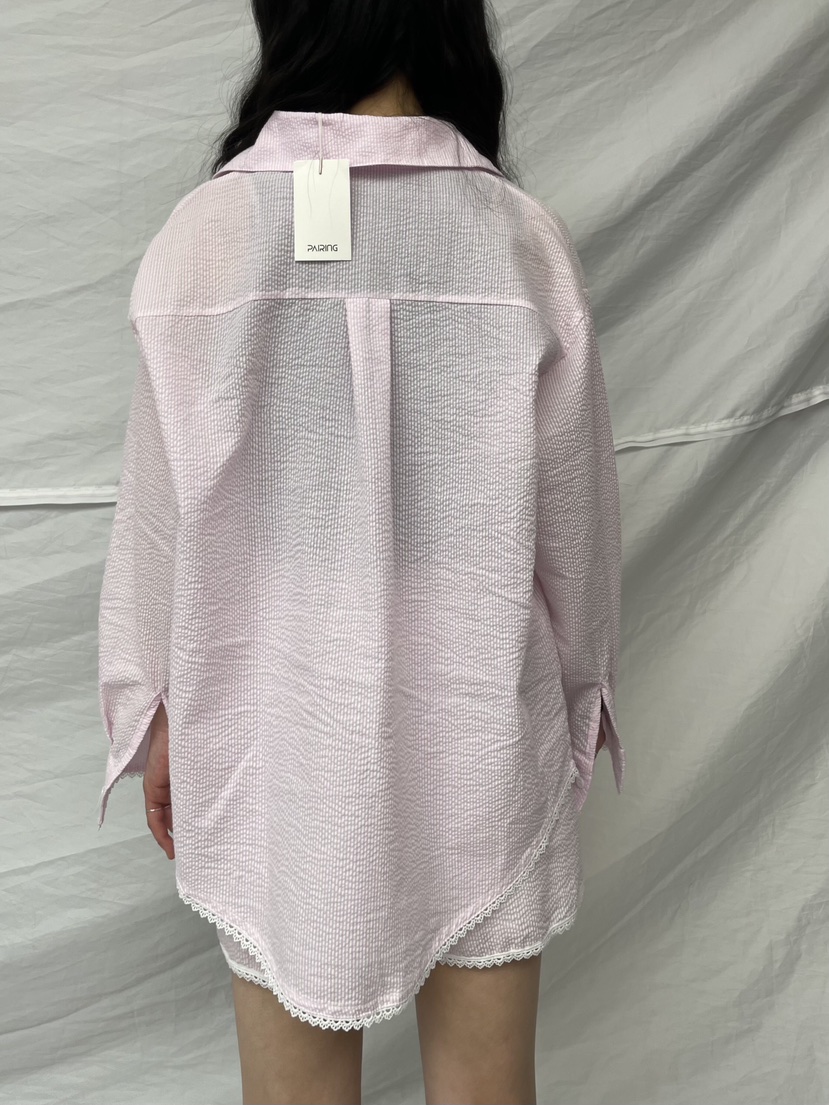 PAIRING直郵韓國代購㊣女裝新品休閑推薦襯衫蕾絲衫蕾絲條紋PAIRING襯衫/蕾絲衫