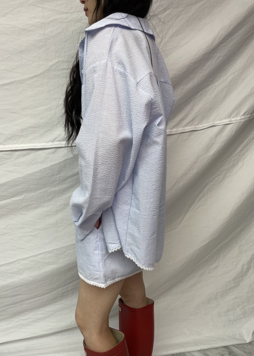 PAIRING直郵韓國代購㊣女裝新品休閑推薦襯衫蕾絲衫蕾絲條紋PAIRING襯衫/蕾絲衫