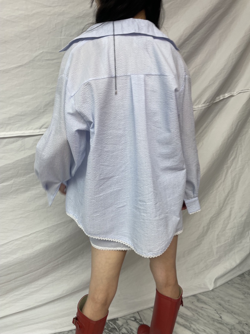 PAIRING直郵韓國代購㊣女裝新品休閑推薦襯衫蕾絲衫蕾絲條紋PAIRING襯衫/蕾絲衫
