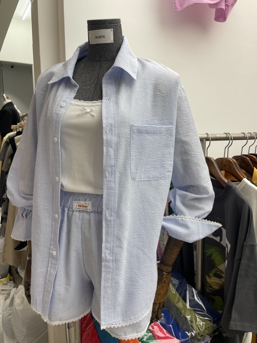 PAIRING直郵韓國代購㊣女裝新品休閑推薦襯衫蕾絲衫蕾絲條紋PAIRING襯衫/蕾絲衫