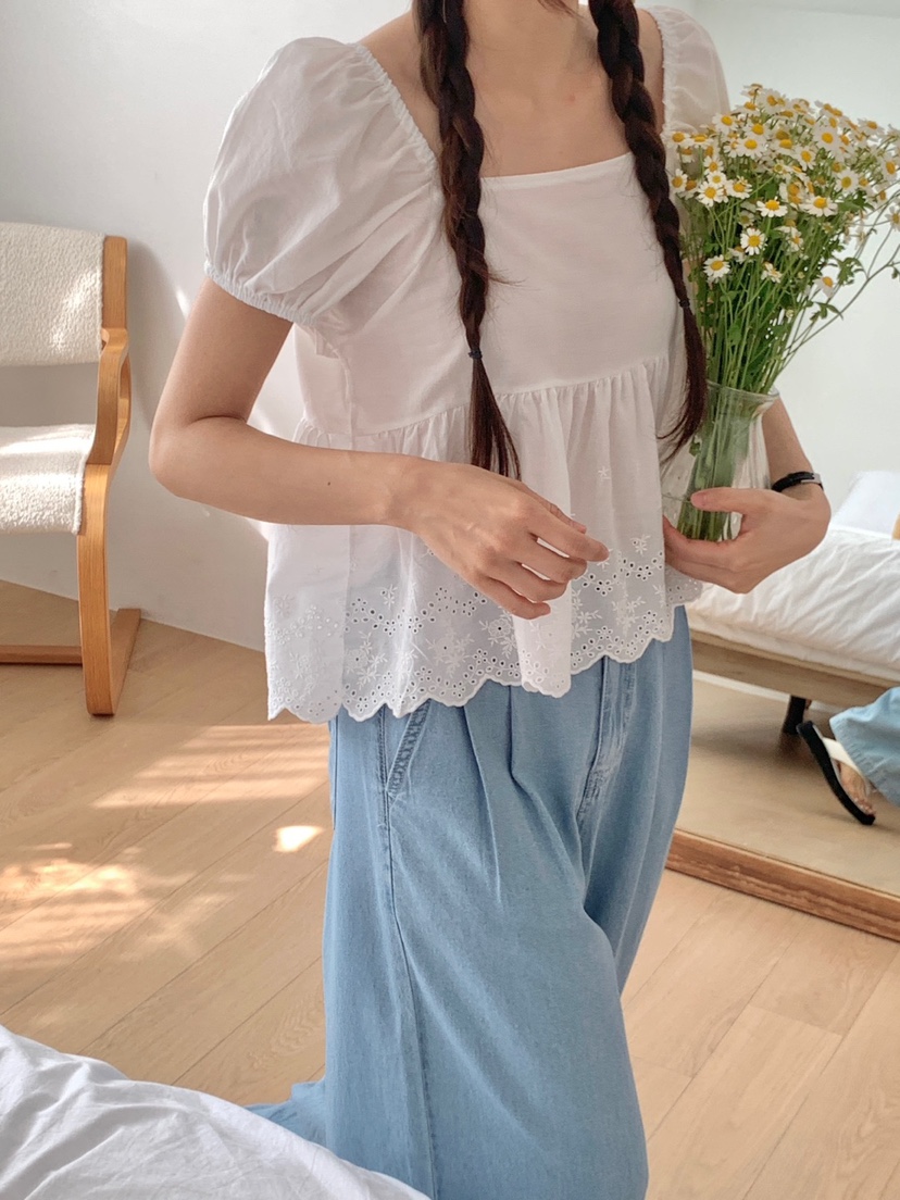 WOOD直郵韓國代購㊣女裝新款25春夏休閑襯衫蕾絲衫荷葉邊蕾絲WOOD襯衫/蕾絲衫