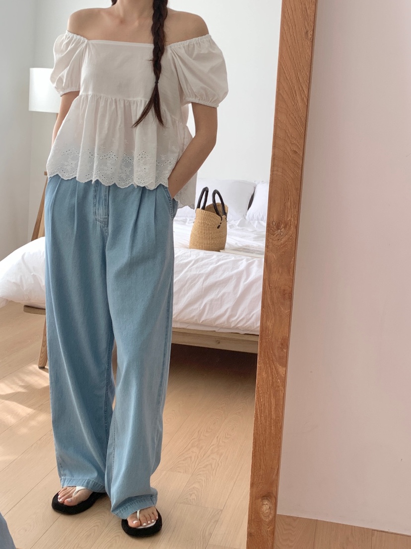 WOOD直郵韓國代購㊣女裝新款25春夏休閑襯衫蕾絲衫荷葉邊蕾絲WOOD襯衫/蕾絲衫