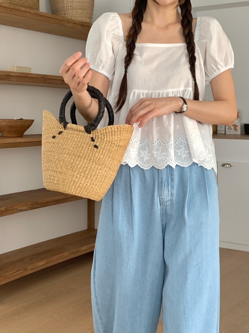WOOD直郵韓國代購㊣女裝新款25春夏休閑襯衫蕾絲衫荷葉邊蕾絲WOOD襯衫/蕾絲衫