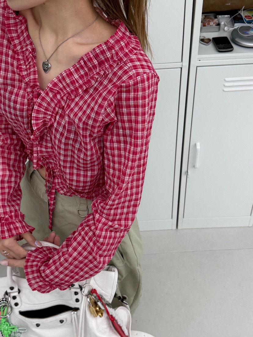 ZEROZERO直郵韓國代購㊣女裝新款熱賣襯衫蕾絲衫荷葉邊格紋ZEROZERO襯衫/蕾絲衫
