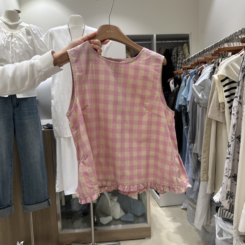 MELO韓國直郵㊣東大門實拍女裝新品熱賣吊帶背心荷葉邊格紋MELO吊帶/背心