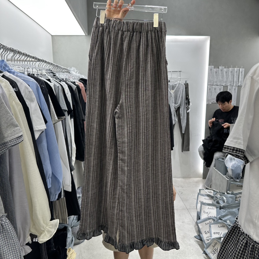 ANDE韓國直郵㊣東大門實拍女裝新品時尚休閑休閑褲荷葉邊亞麻ANDE休閑褲