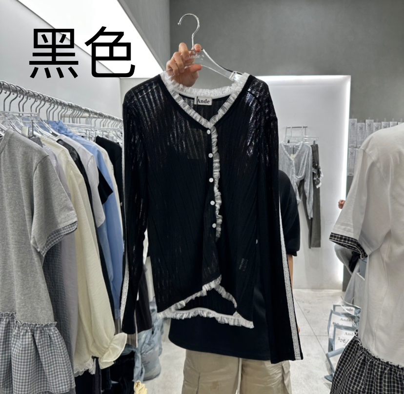 ANDE韓國直郵㊣東大門實拍女裝新款熱賣時尚針織衫荷葉邊開衫ANDE針織衫圖色2