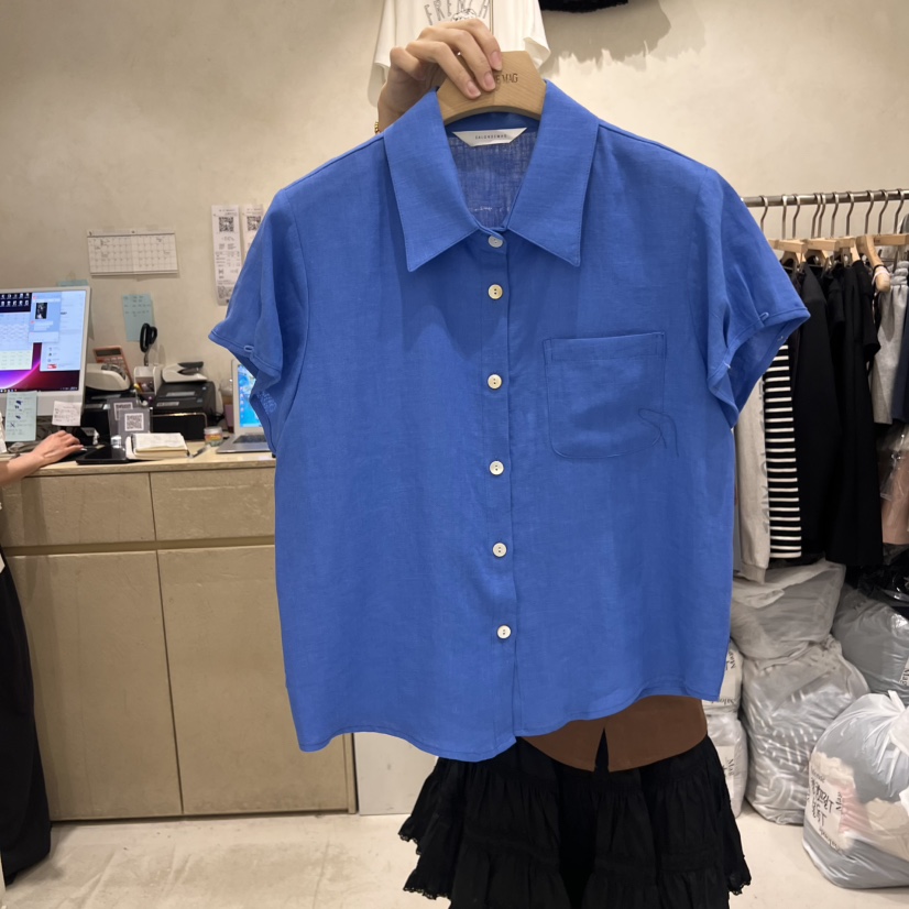 SALONDEMAG韓國直郵㊣女裝新品時尚休閑襯衫蕾絲衫口袋亞麻SALONDEMAG襯衫/蕾絲衫