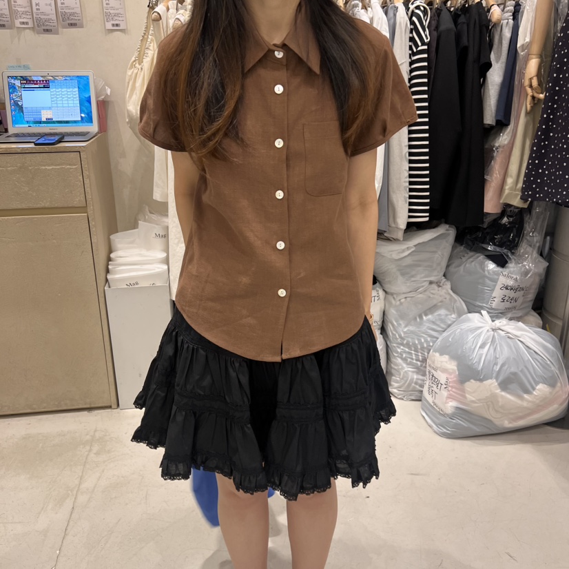 SALONDEMAG韓國直郵㊣女裝新品時尚休閑襯衫蕾絲衫口袋亞麻SALONDEMAG襯衫/蕾絲衫圖色2