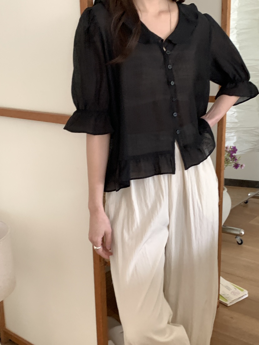 FRILL-T韓國㊣直郵東大門代購女裝新款休閑25春夏襯衫蕾絲衫FRILL-T襯衫/蕾絲衫