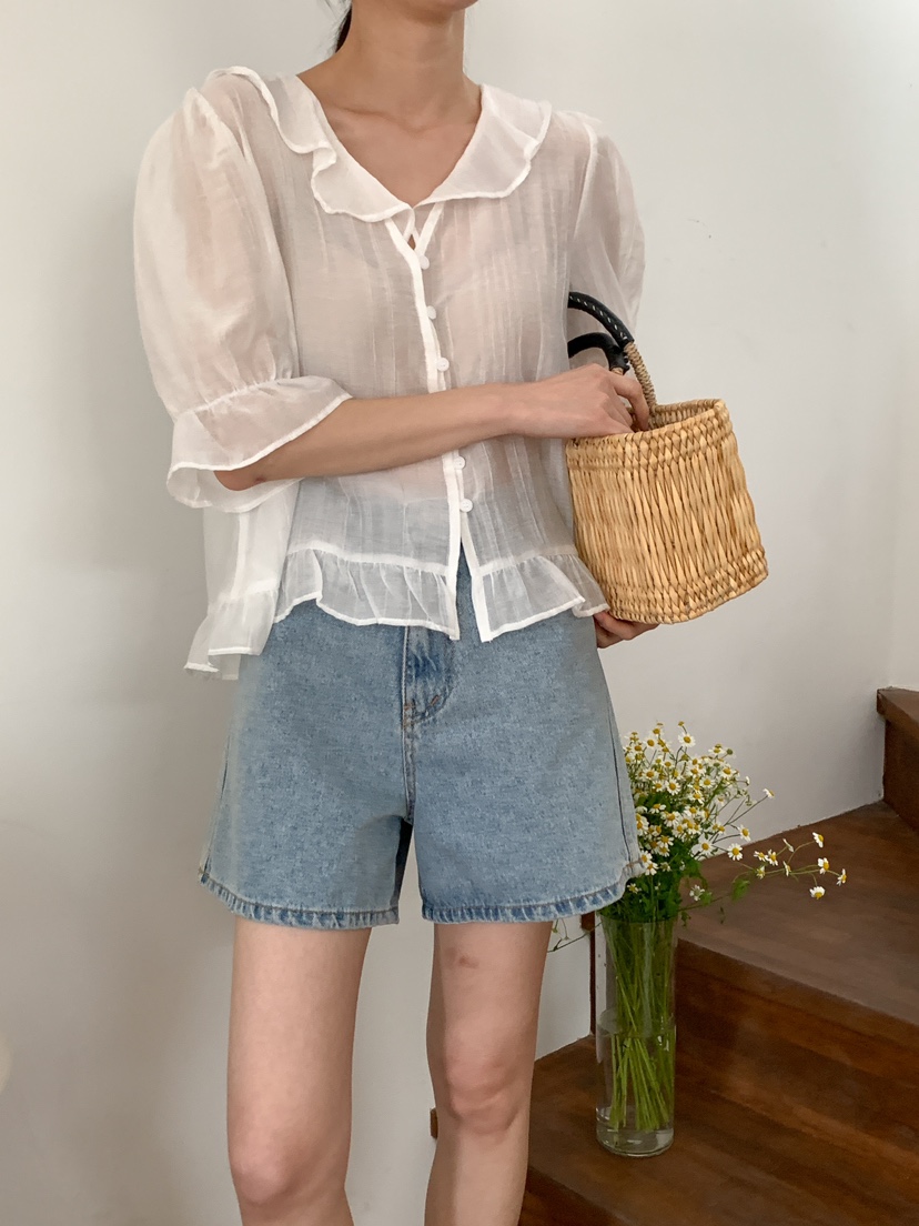 FRILL-T韓國㊣直郵東大門代購女裝新款休閑25春夏襯衫蕾絲衫FRILL-T襯衫/蕾絲衫