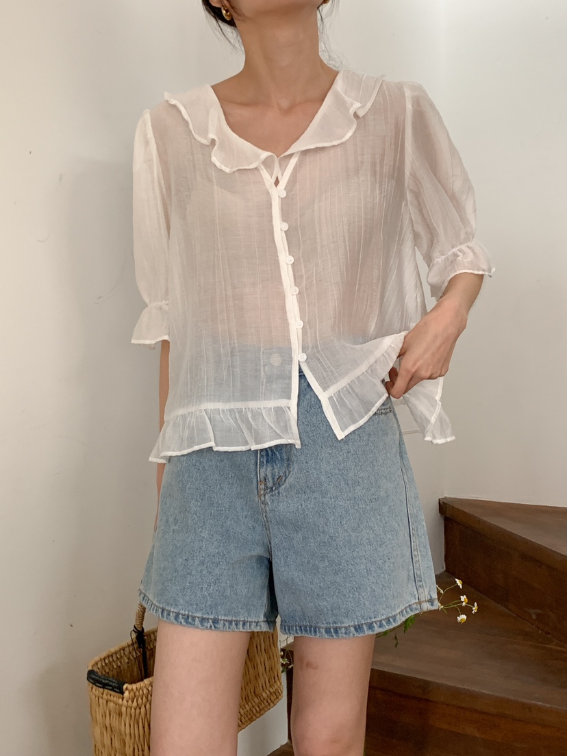 FRILL-T韓國㊣直郵東大門代購女裝新款休閑25春夏襯衫蕾絲衫FRILL-T襯衫/蕾絲衫