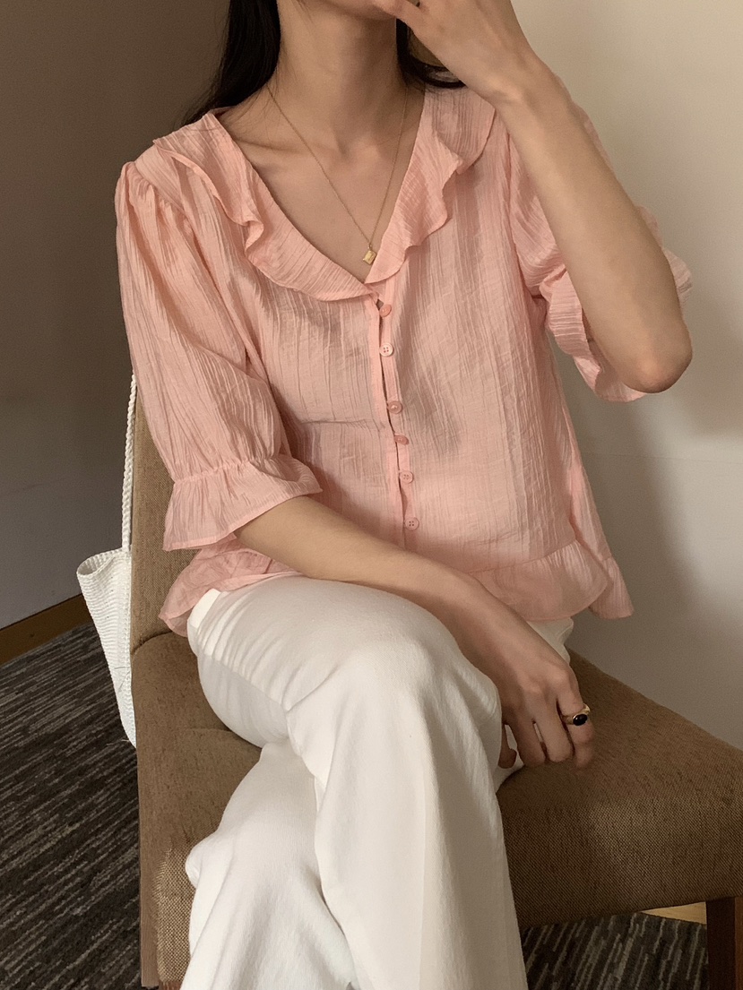 FRILL-T韓國㊣直郵東大門代購女裝新款休閑25春夏襯衫蕾絲衫FRILL-T襯衫/蕾絲衫