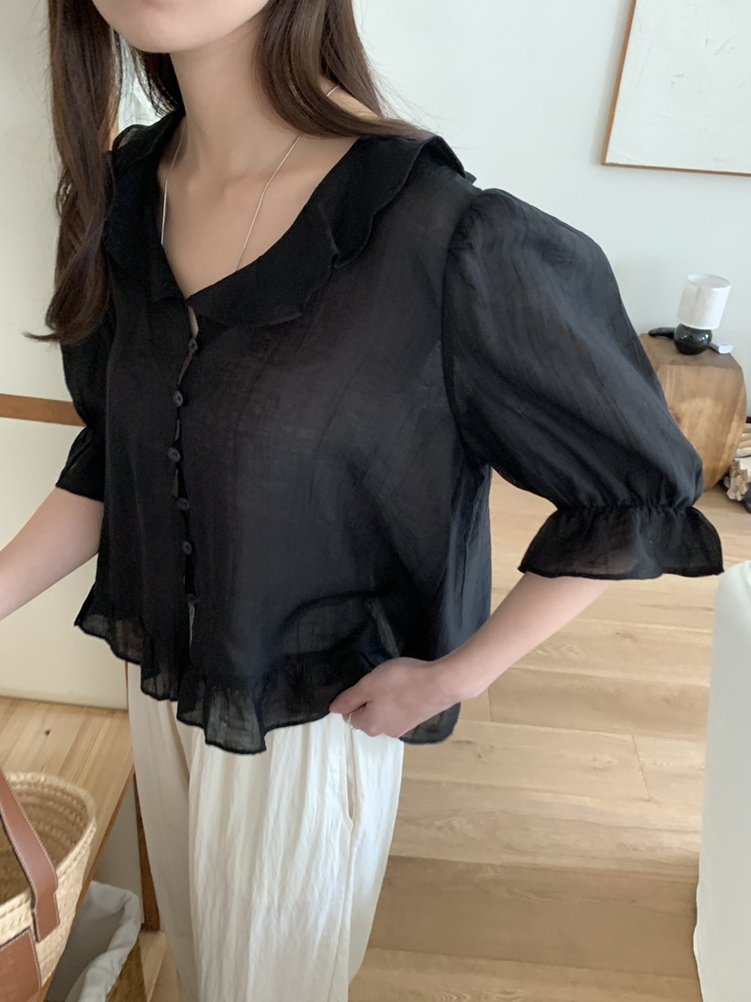 FRILL-T韓國㊣直郵東大門代購女裝新款休閑25春夏襯衫蕾絲衫FRILL-T襯衫/蕾絲衫