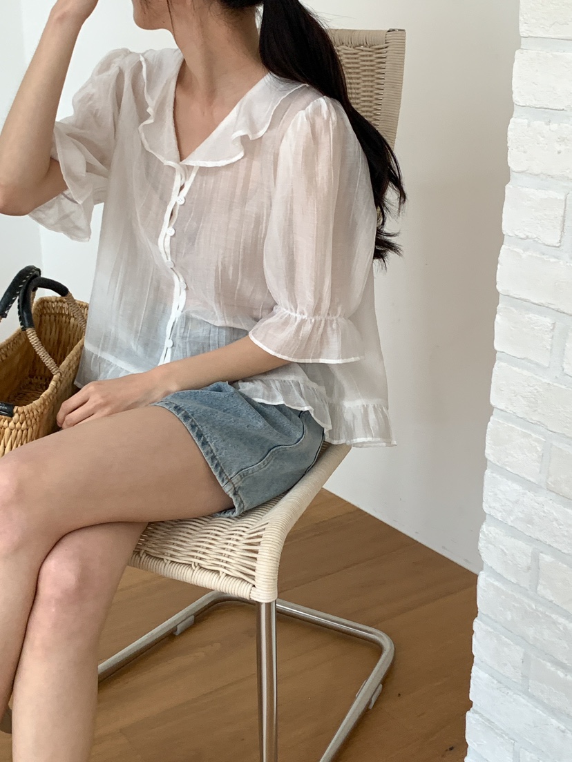 FRILL-T韓國㊣直郵東大門代購女裝新款休閑25春夏襯衫蕾絲衫FRILL-T襯衫/蕾絲衫