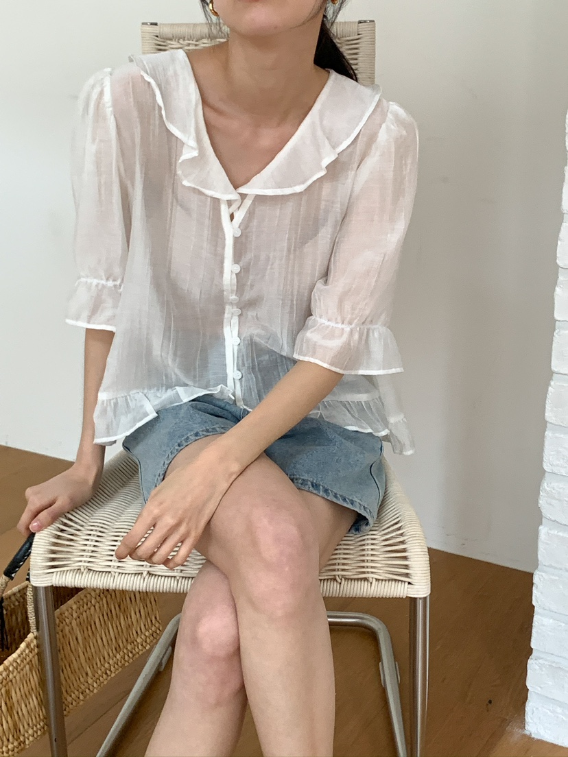 FRILL-T韓國㊣直郵東大門代購女裝新款休閑25春夏襯衫蕾絲衫FRILL-T襯衫/蕾絲衫