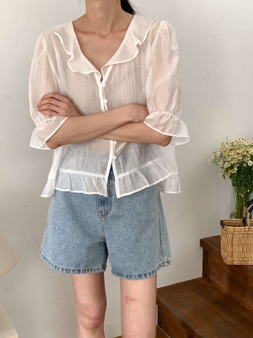 FRILL-T韓國㊣直郵東大門代購女裝新款休閑25春夏襯衫蕾絲衫FRILL-T襯衫/蕾絲衫