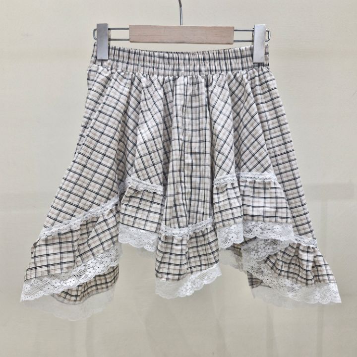 IF U-이퓨-T直郵韓國代購㊣女裝新款25春夏短裙格紋半身裙蕾絲IF U短裙圖色1