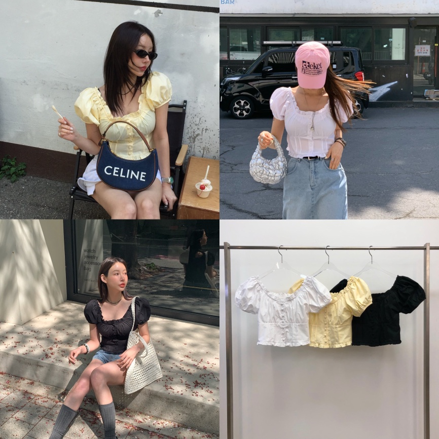 REVE CITE-L韓國直郵女士新款25春夏真品襯衫蕾絲衫荷葉邊REVE CITE襯衫/蕾絲衫