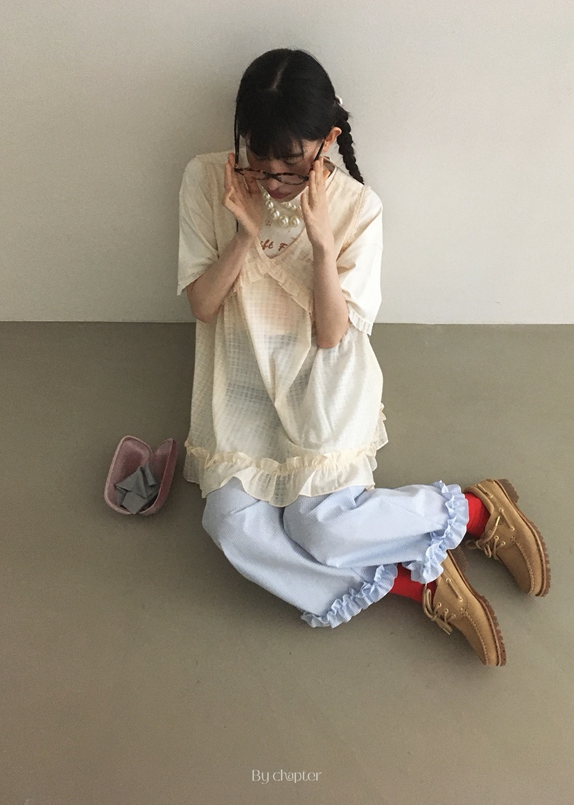 BY CHAPTER東大門代購女士新款熱賣人氣襯衫蕾絲衫格紋透視Chapter襯衫/蕾絲衫