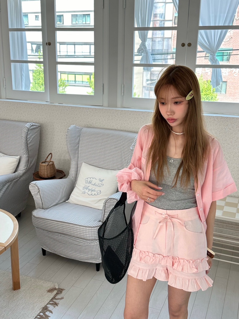 ZEROZERO韓國直郵㊣女裝新款休閑人氣襯衫蕾絲衫荷葉邊亞麻ZEROZERO襯衫/蕾絲衫